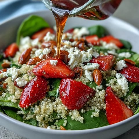 Vibrant quinoa salad with strawberries, feta, and almonds, tossed in tangy balsamic vinaigrette for a satisfying vegetarian dish.  