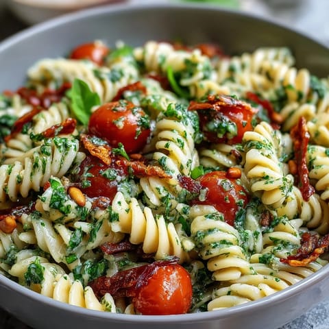 A colorful summer pasta salad with pesto, cherry tomatoes, and parmesan—light, fresh, and perfect for warm-weather dining.