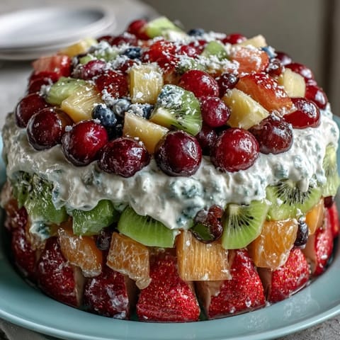 Vibrant rainbow fruit platter with strawberries, pineapple, kiwi, and blueberries, served with fluffy coconut whipped cream for a refreshing vegan dessert.