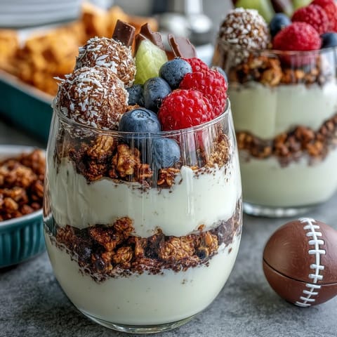 Soccer Team Snack Cups with Fruit and Granola in clear cups, layered with creamy vanilla yogurt, fresh berries, and crunchy granola, topped with a soccer ball topper.
