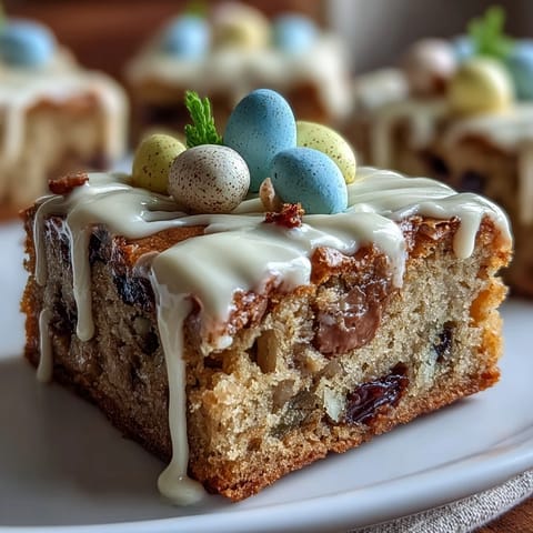 Easter-ready blondies loaded with Cadbury Mini Eggs, offering a chewy texture and a glossy white chocolate finish.