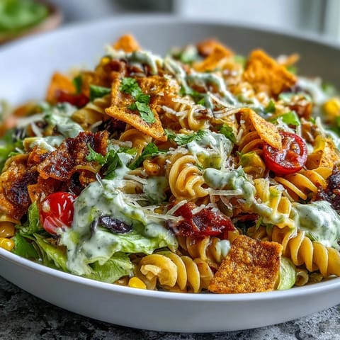 Creamy avocado ranch coats pasta, black beans, and corn in this Tex-Mex inspired taco pasta salad with Doritos topping.  