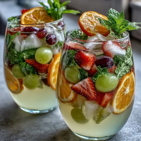 Vibrant Spring Sangria Mocktail with white grape juice, citrus slices, and fresh mint in a glass pitcher.