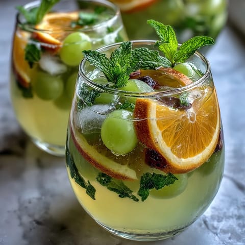 Refreshing non-alcoholic sangria featuring white grape and citrus fruits, perfect for spring brunches and garden parties.