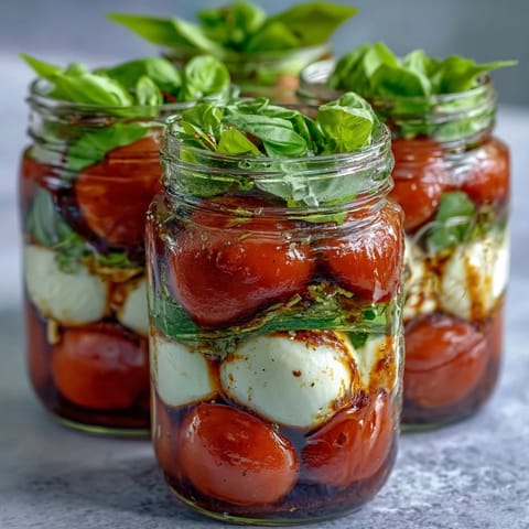 Portable layered Caprese salad in a mason jar, featuring fresh mozzarella, basil, and balsamic dressing for easy, healthy meals.