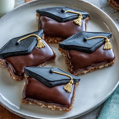 Close-up of buttery sugar cookies shaped like graduation caps, piped with glossy royal icing and colorful M&M details.  
