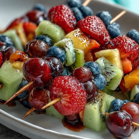 Colorful fruit skewers arranged in rainbow order, paired with a luscious honey and vanilla yogurt dip for a refreshing snack.