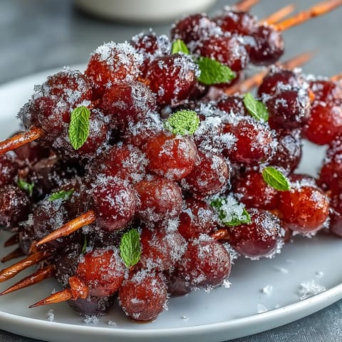 Zesty lime sugar coats frozen grapes on wooden skewers, a vibrant, sweet-tart snack perfect for hot days.