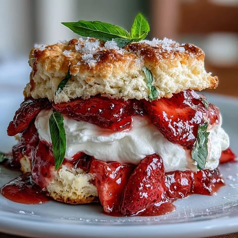 Golden Strawberry Basil Shortcake Biscuits piled high with fresh berries and cream.
