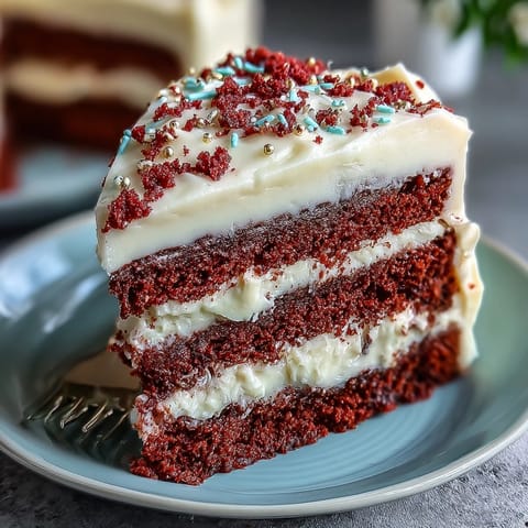 Vibrant Juneteenth Red Velvet Cake glistens with rich cream cheese frosting.