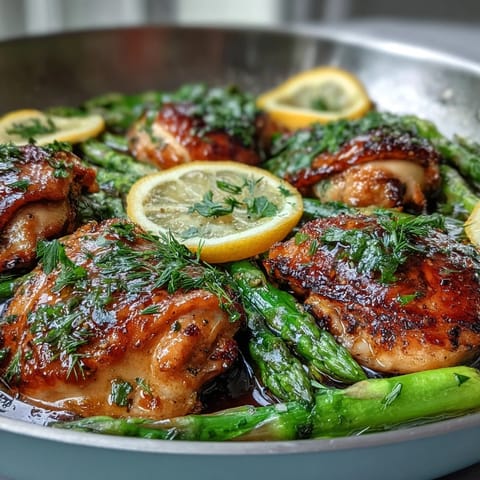 Juicy One-Pan Lemon Herb Chicken and Asparagus, ready to serve.