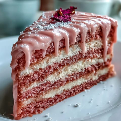 Luxurious pink velvet cake infused with rosé, featuring a cascading gold drip.