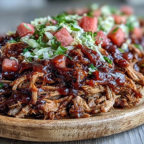 Smoky, tender Juneteenth BBQ Pulled Pork piled high, topped with a refreshing watermelon slaw.