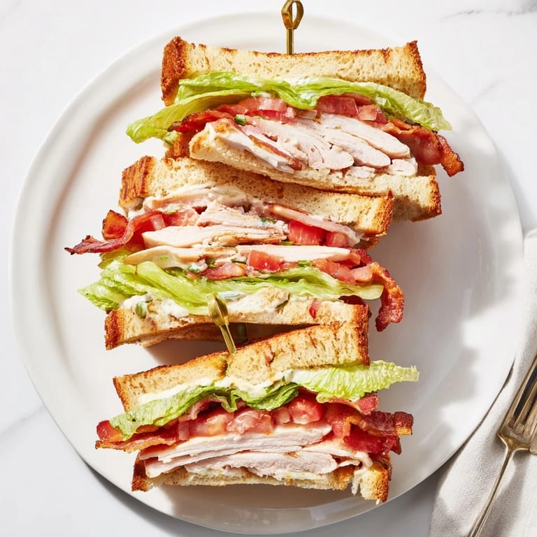 The toasted sandwich reveals juicy turkey and crunchy bacon nestled between fresh greens.