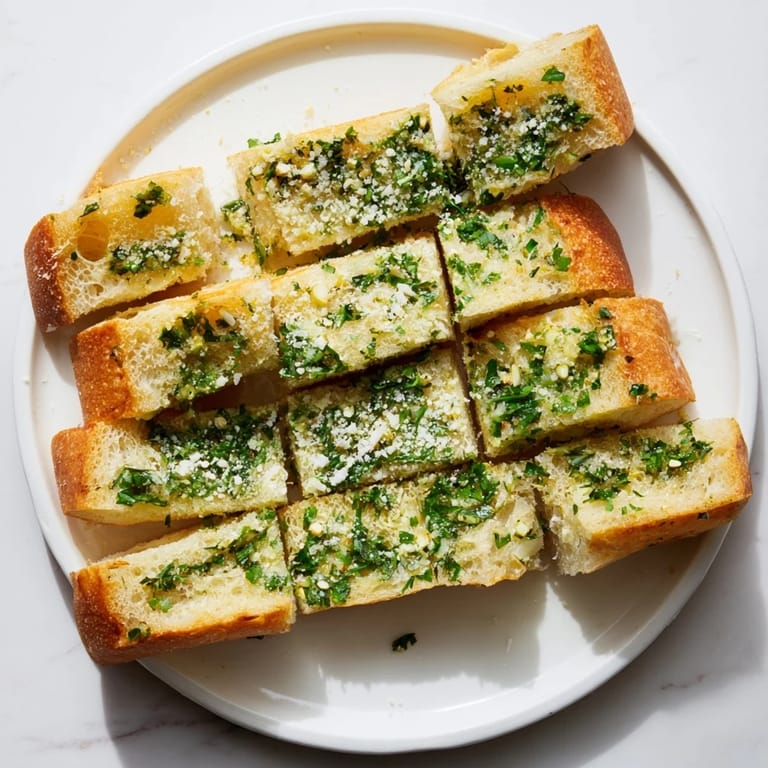 Warm Garlic Bread served as a side dish next to a hearty bowl of marinara pasta.
