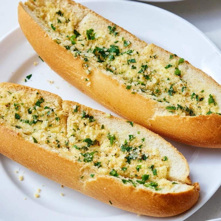 Homemade Garlic Bread brushed with garlic butter, sprinkled with Parmesan, and broiled to bubbly perfection.