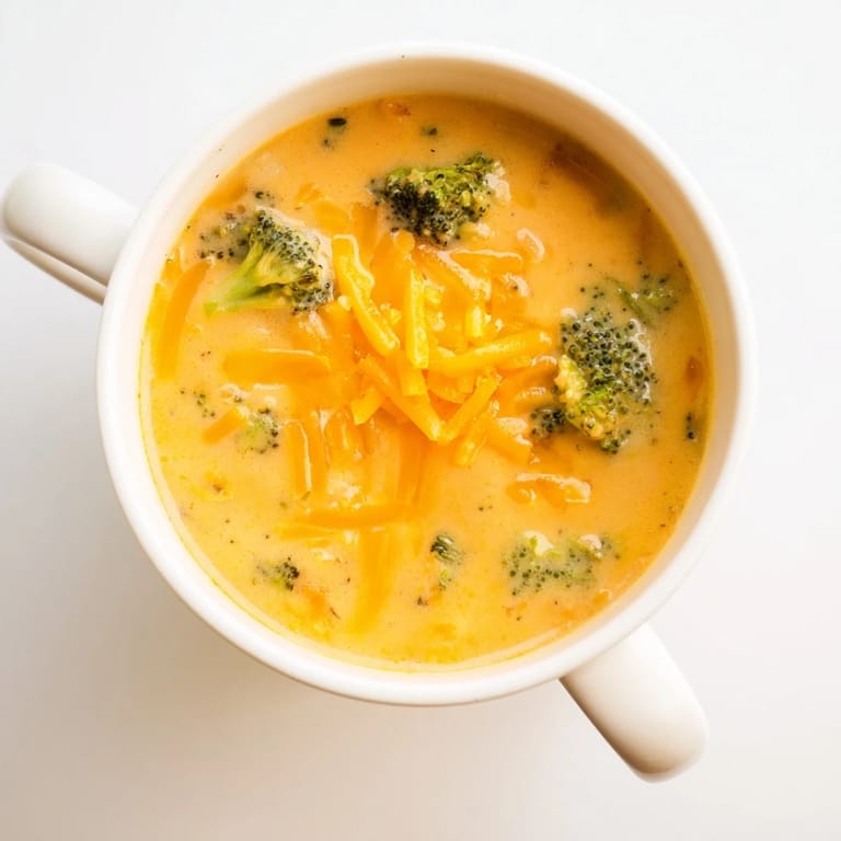 Rich Broccoli Cheese Soup ladled into a rustic bread bowl, garnished with fresh broccoli and herbs on a wooden table.