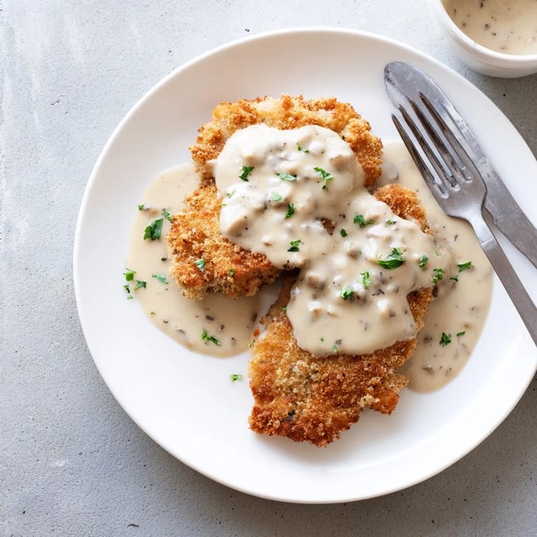 A close-up of golden Chicken Fried Steak with peppery white gravy over tender steak.