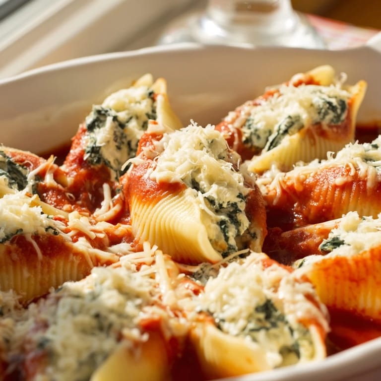 Steam rises from cheesy Stuffed Shells baked in red sauce, served with a side salad and garlic bread.