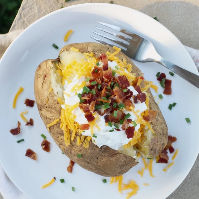 Fork-fluffed Loaded Baked Potatoes with butter and crispy bacon, ready to serve for dinner.