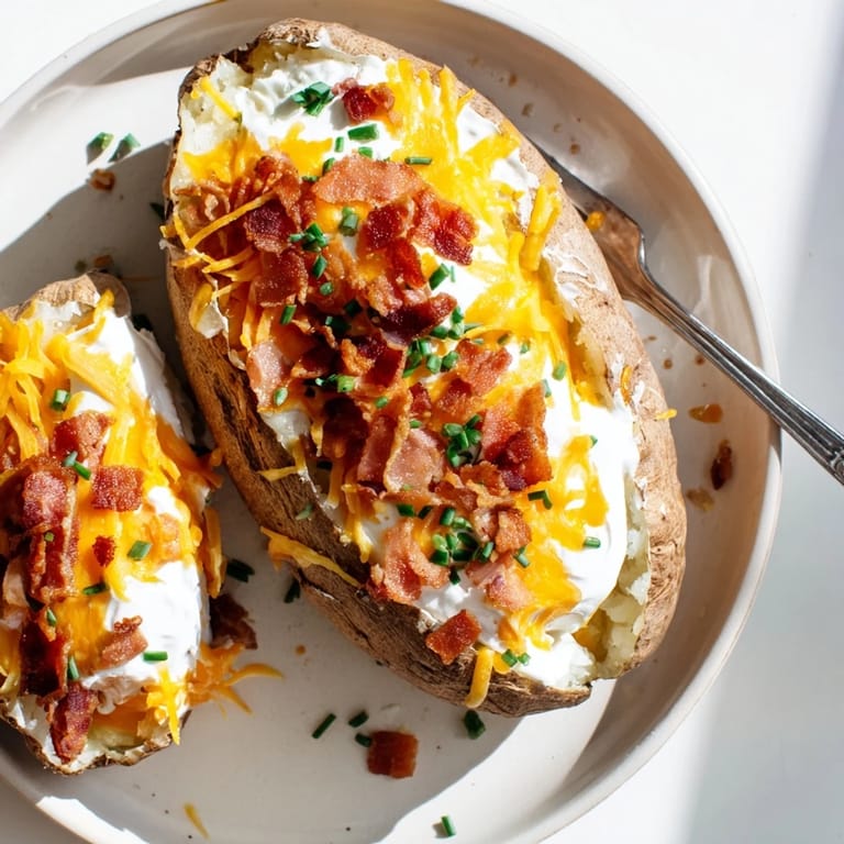 Fully loaded baked potatoes topped with cheese, bacon, chives, and creamy sour cream, served hot.