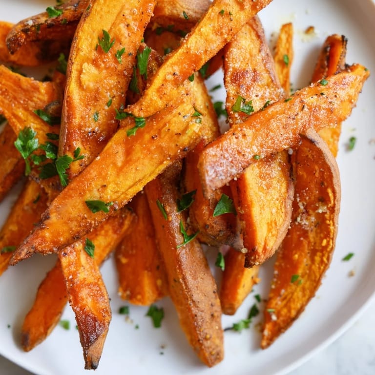 Oven-baked Sweet Potato Fries with paprika and sea salt, perfectly arranged on a lined baking sheet.