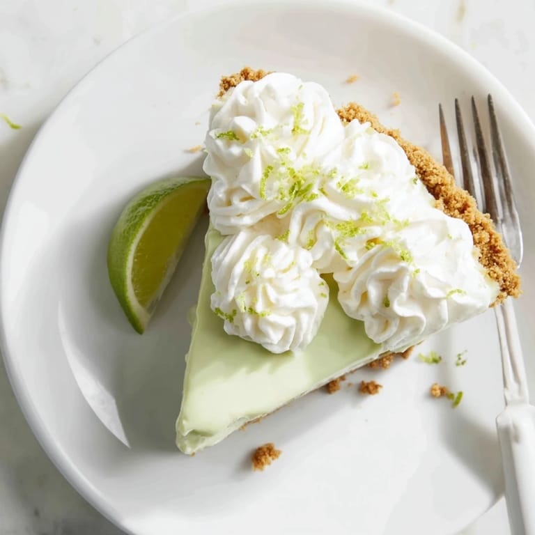 Classic Key Lime Pie dessert garnished with thin lime slices, ready to serve after a 3-hour chill for a tangy sweet treat.