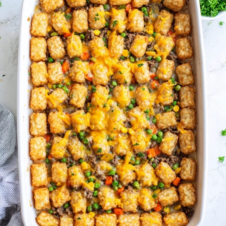 Spoon lifting a cheesy serving of Tater Tot Casserole, revealing a rich beef and vegetable filling under a crispy tot topping.