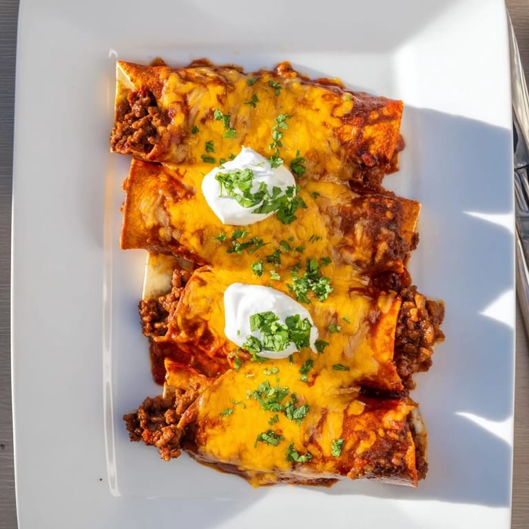 Rolled flour tortillas filled with seasoned ground beef and cheddar, smothered in red sauce and baked until bubbly and golden.
