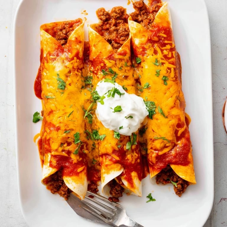 Cheesy Beef Enchiladas resting in a baking dish, garnished with fresh cilantro and ready to serve with a dollop of sour cream.