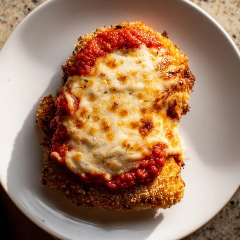 Homemade Chicken Parmesan plated with pasta and sauce, steam rising from the freshly baked cheese.