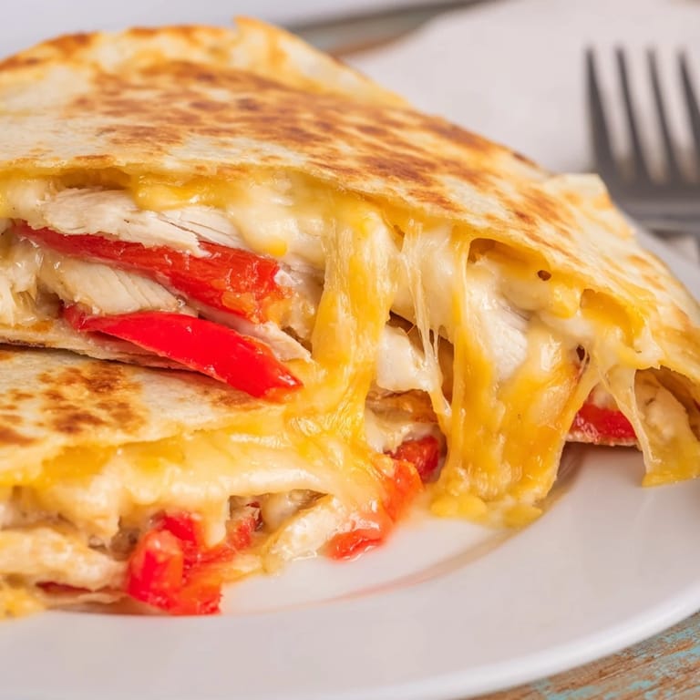 Freshly cooked Chicken Quesadilla slices revealing melted cheddar, Monterey Jack, and colorful bell peppers.