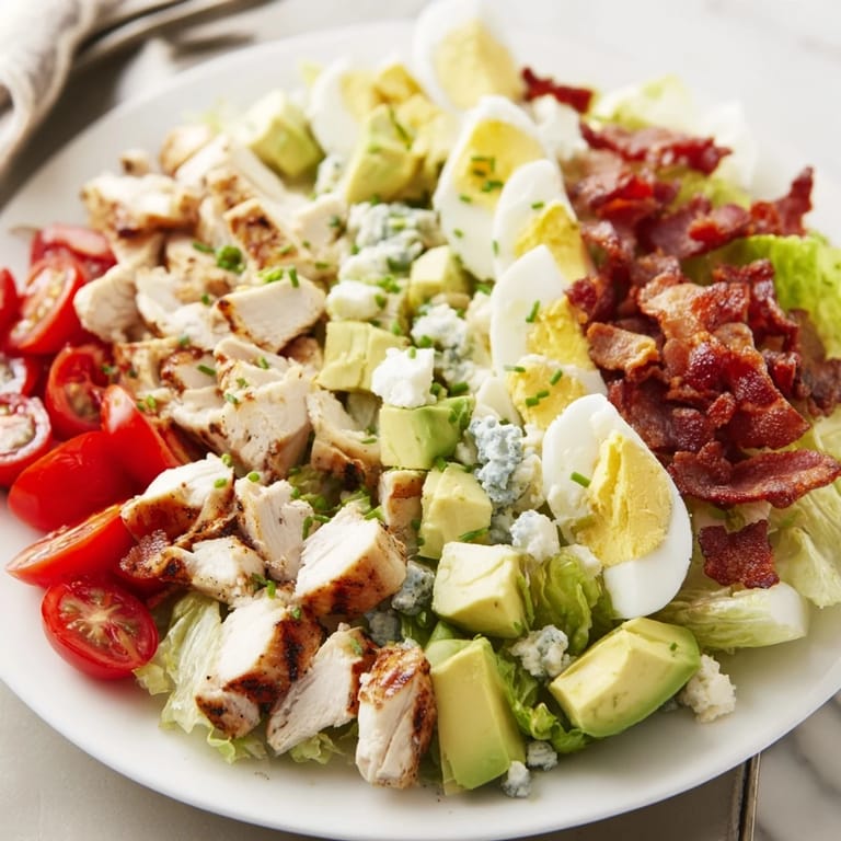Colorful Cobb Salad topped with sliced avocado, diced tomatoes, and blue cheese, drizzled with red wine vinaigrette.