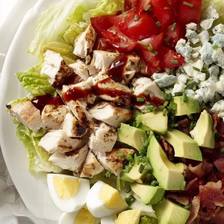 Classic American Cobb Salad with romaine and iceberg lettuce, bacon, eggs, chicken, avocado, and blue cheese.