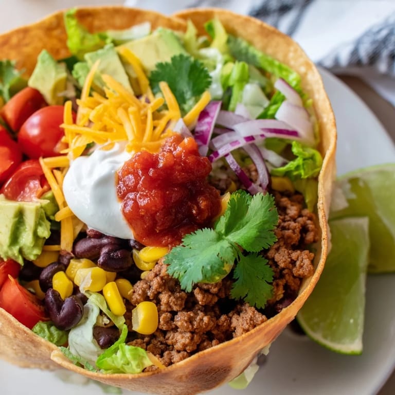 Hearty Taco Salad with seasoned beef and corn, garnished with cilantro and served with lime wedges for brightness.