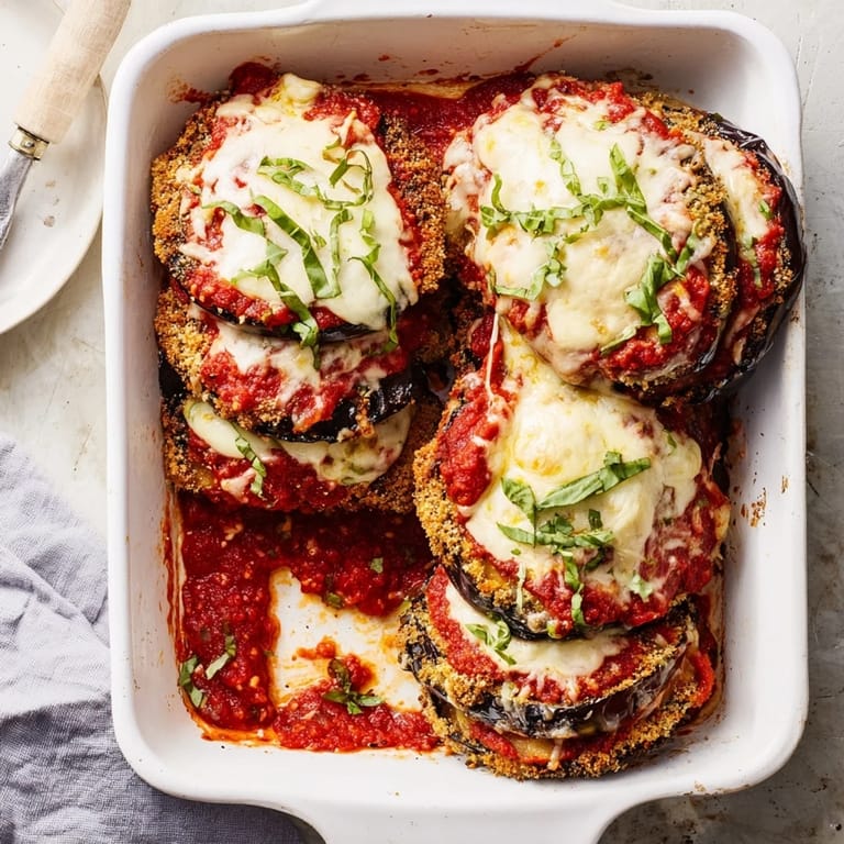 Steaming, cheesy layers of homemade Eggplant Parmesan served in a ceramic dish, topped with fresh chopped basil and a side salad.