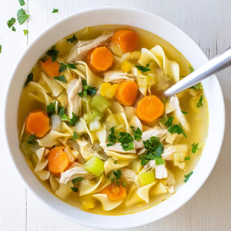 Tender shredded chicken, sliced carrots, and curly egg noodles swim in a golden savory broth.