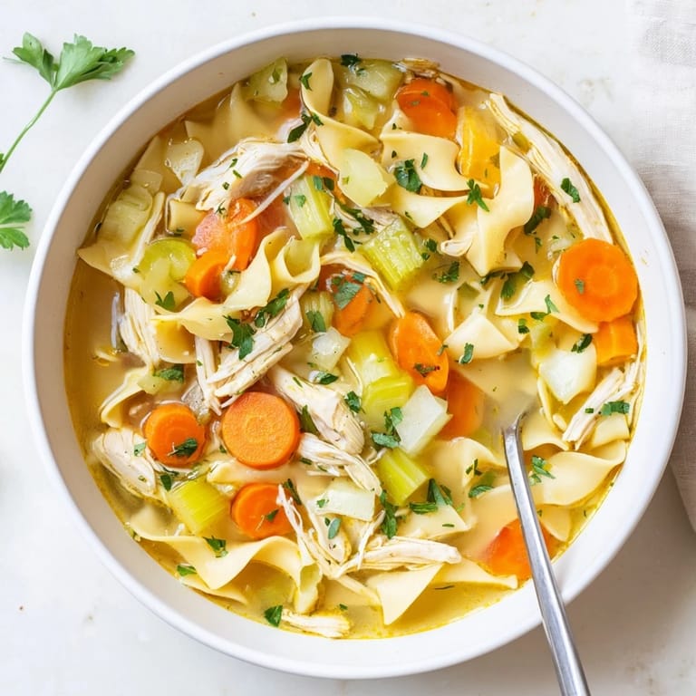 A spoon lifts hearty vegetables and glossy noodles from a warm bowl of Chicken Noodle Soup.