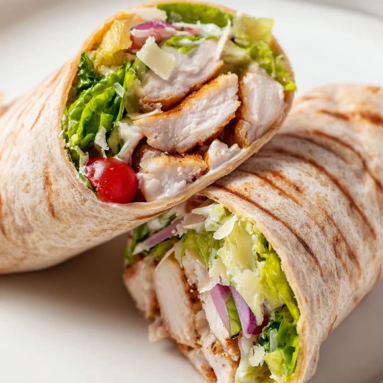 A freshly made Chicken Caesar Wrap, stacked with juicy grilled chicken, crunchy romaine, and creamy Caesar dressing in a soft wheat tortilla.