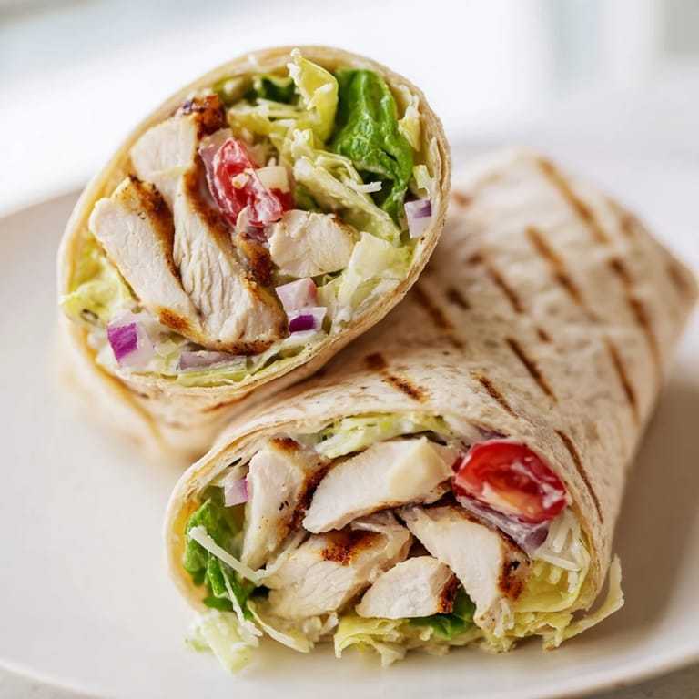 Chicken Caesar Wrap rolled tightly and halved on a plate, with bright cherry tomatoes and red onion alongside a side of sparkling water.