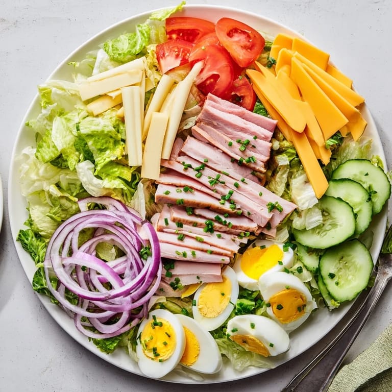 An overhead view of a hearty Chef Salad on a white plate, showcasing neatly arranged protein strips and fresh vegetables for a satisfying gluten-free meal.