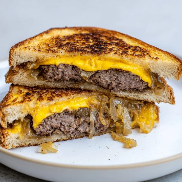 Sizzling beef patty sits inside a grilled Patty Melt, served hot with crispy fries on the side.