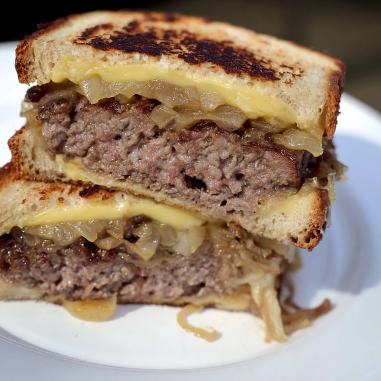 Melted Swiss cheese oozes from a toasted Patty Melt filled with juicy beef and golden caramelized onions.