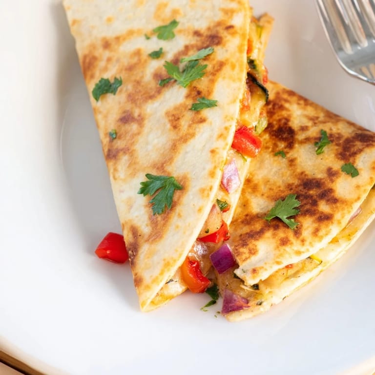 Homemade cheesy quesadillas with red onion and peppers, accompanied by salsa and sour cream.