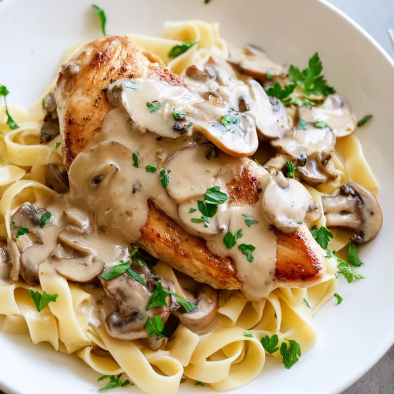 Juicy chicken cutlets coated in flour, bathed in a savory Marsala cream sauce with sautéed mushrooms and al dente pasta.