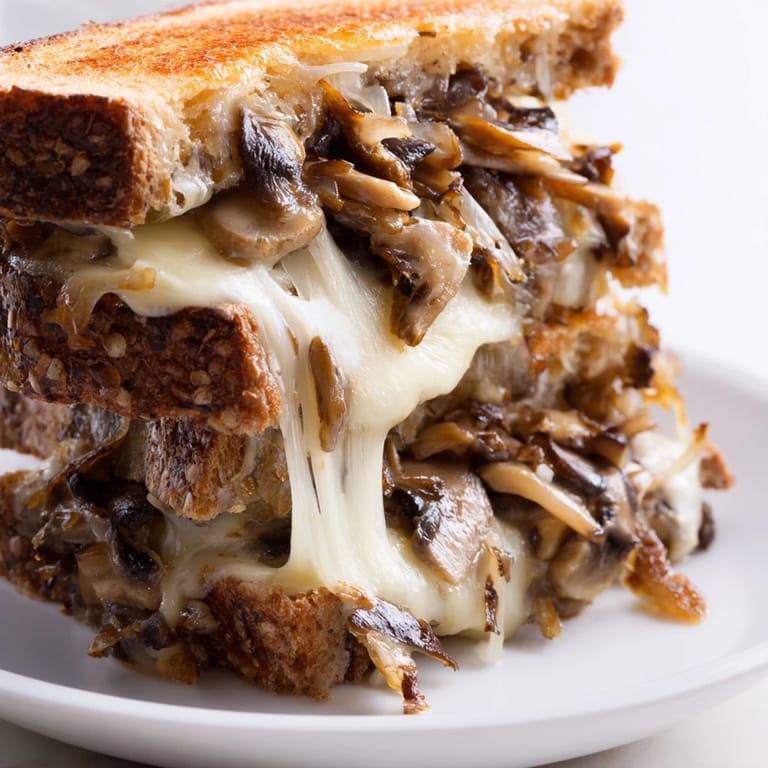 Golden-brown Mushroom Swiss Grilled Cheese oozing with Swiss cheese, paired with a warm bowl of creamy tomato soup for dipping.