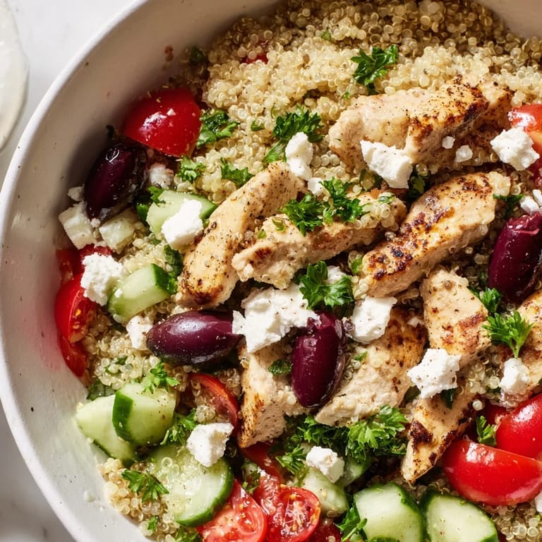 Serving suggestion for Mediterranean Chicken Bowl, garnished with fresh parsley and feta, ready to enjoy for a healthy meal.