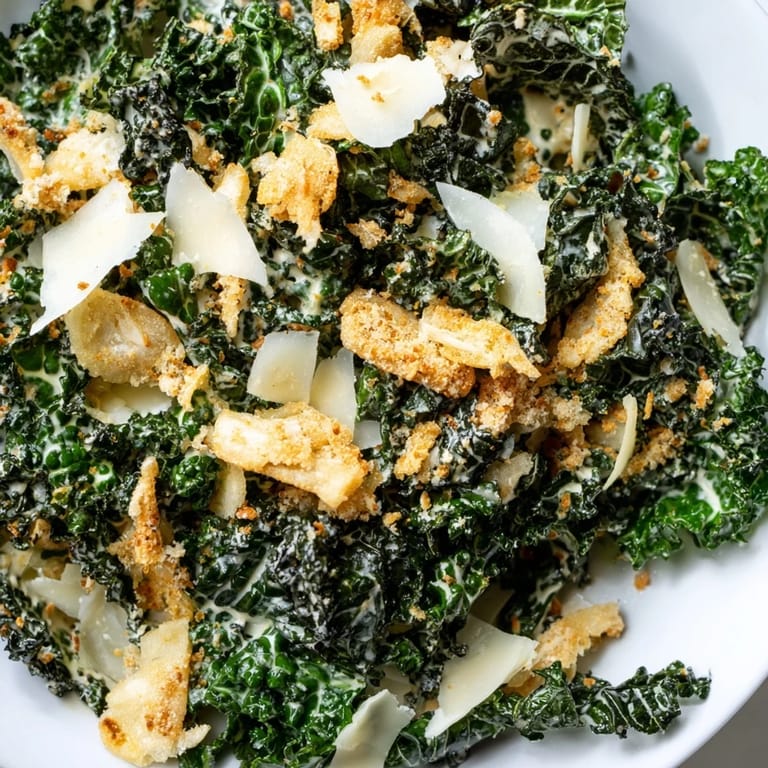 A close-up of Garlic Parmesan Kale Salad showing tender greens, rich dressing, and crispy breadcrumbs for a flavorful crunch.