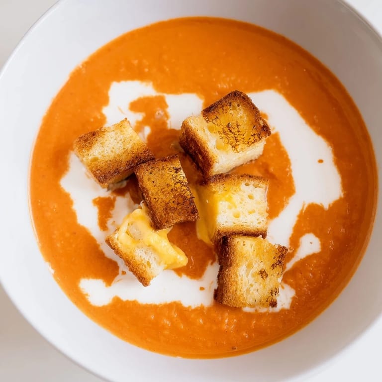 A close-up of golden-brown grilled cheese croutons topping a steaming bowl of homemade roasted tomato soup.