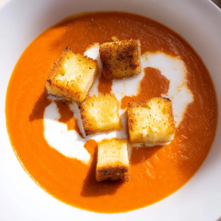 Family-friendly roasted tomato soup served with crispy grilled cheese croutons, garnished with fresh thyme on a cozy table.